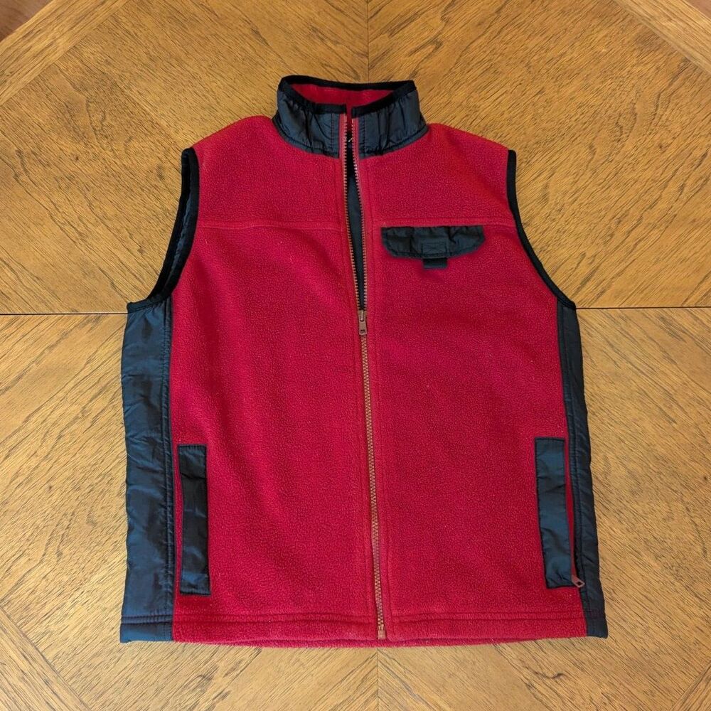 Vintage GAP Red Black Full Zip Fleece Vest Nylon Trim Youth Large